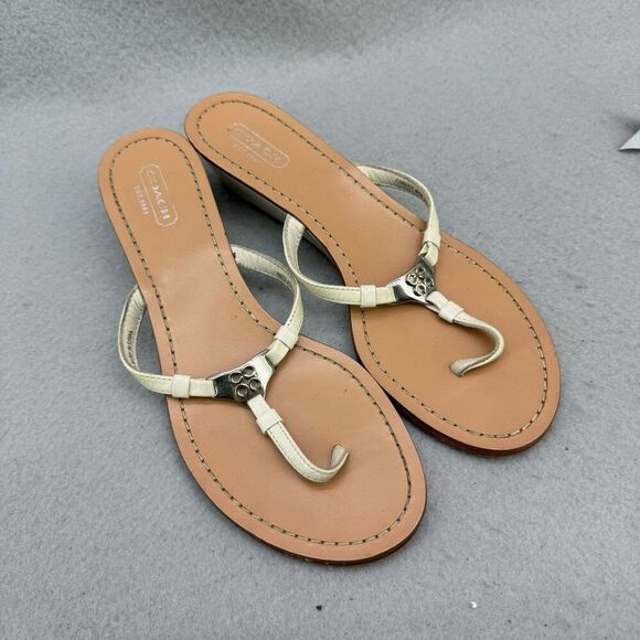 Y2K Coach Womens Beige White Vita Wedge Heel Flip Flop Leather Sandals Size 7 - Picture 1 of 12
